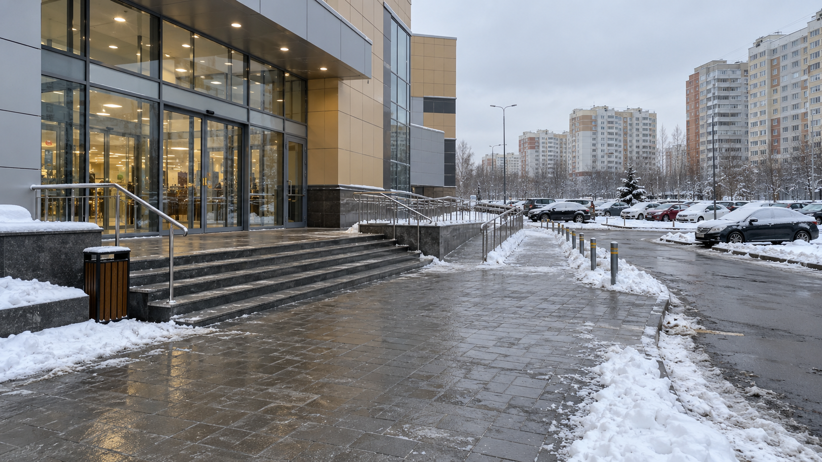 Снеготаяние для торгового центра в российском жилом районе зимой